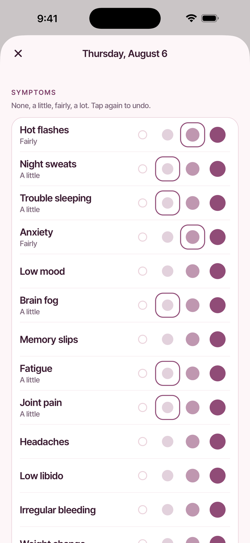 The Solen daily log sheet: thirteen symptoms, each graded none, a little, fairly, or a lot with a single tap
